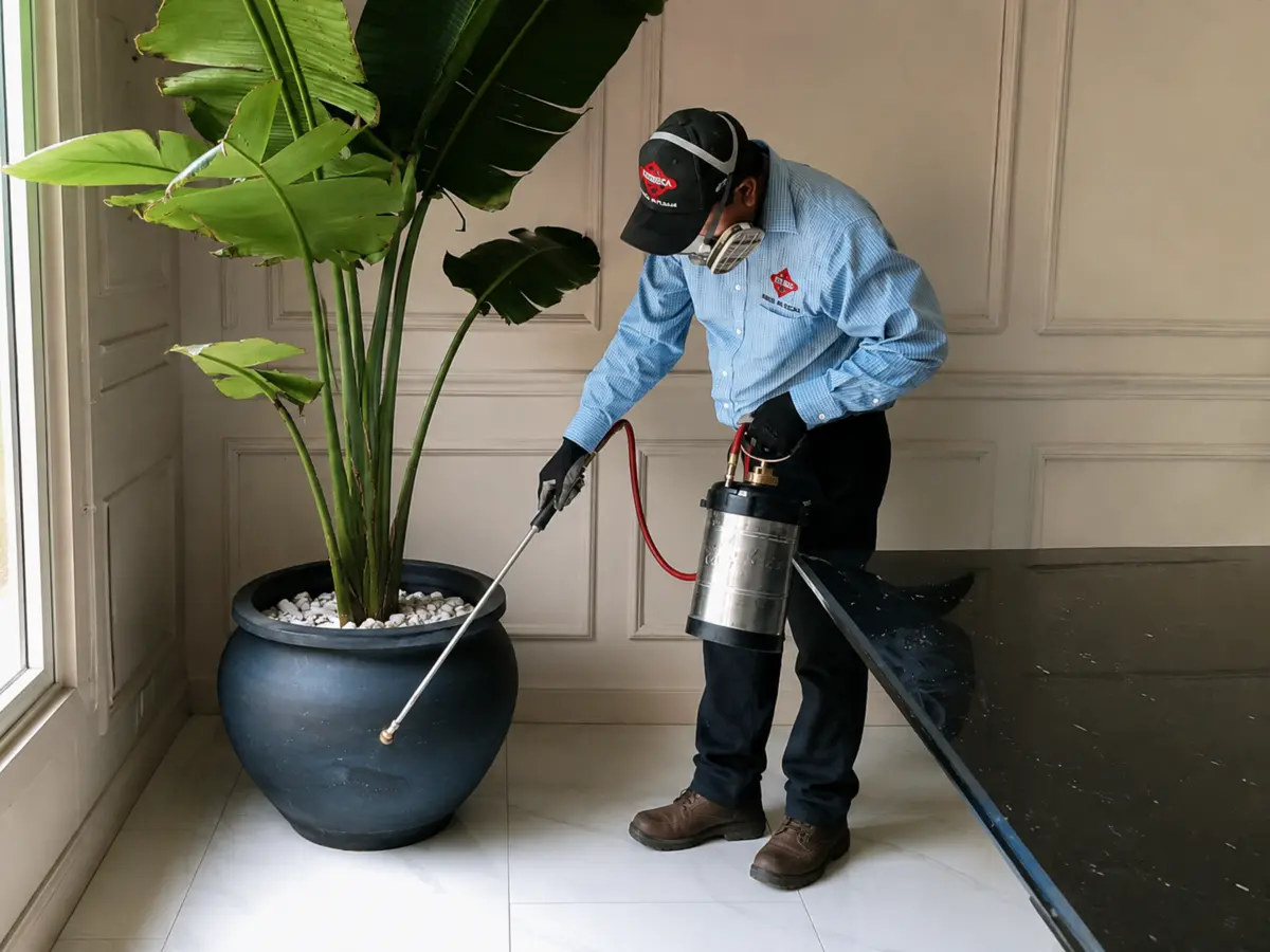 Técnico de FUMIESCAL realizando un servicio de control de plagas en un espacio interior