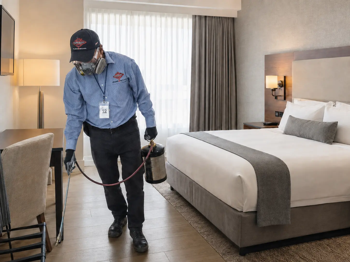 Técnico de FUMIESCAL realizando un servicio de control de plagas en una habitación de hotel