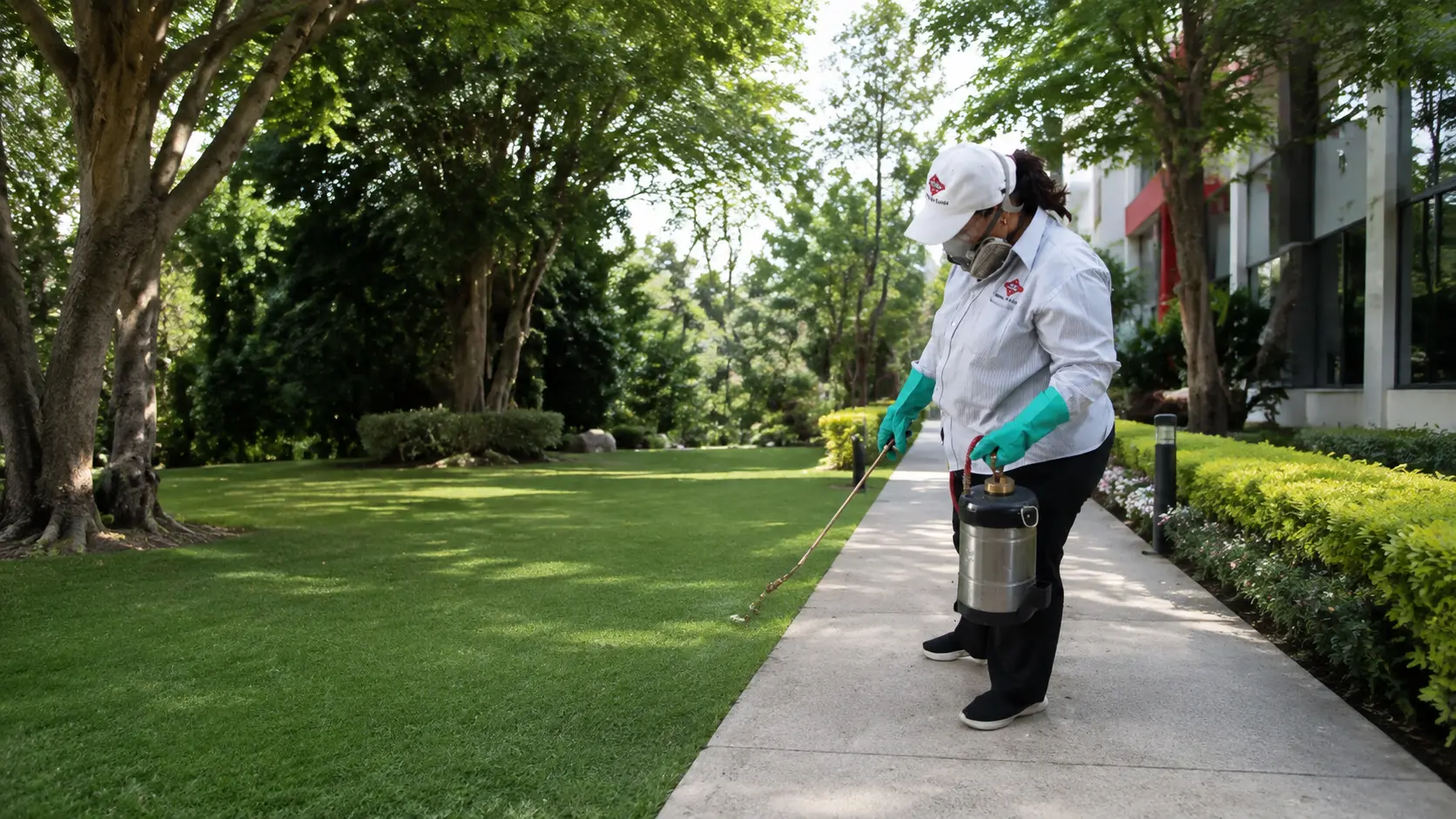 Técnica de FUMIESCAL realizando control de plagas en un área verde